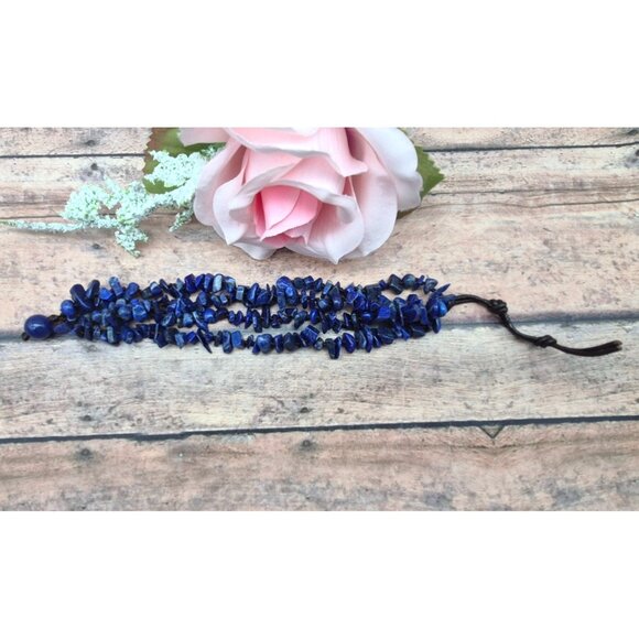 Natural Blue Lapis Chip Stone Muti Strand Bracelet Boho Hippie Nature Lover - Picture 8 of 9